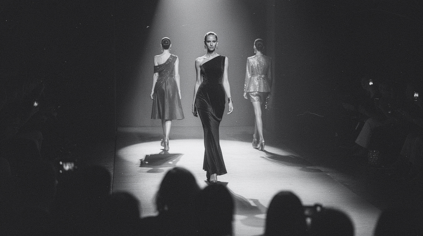 Vintage fashion runway show with dramatic lighting