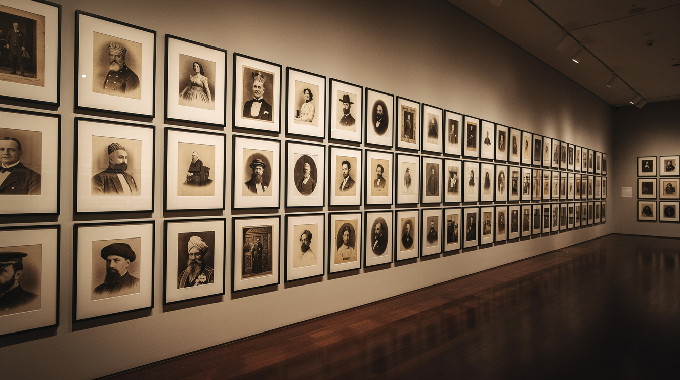 Wall of framed vintage celebrity portrait photographs in an archive room